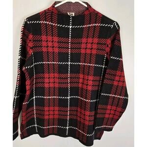 Anne Klein Big Bold Plaid Sweater SM Red Black Long Sleeve Mock Neck Side Slits